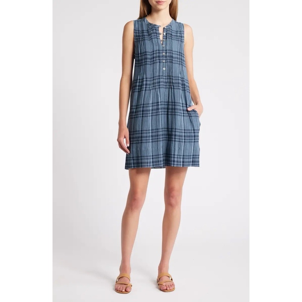 Faherty Isha Plaid Pintuck Organic Cotton Minidress XS Clearwater Navy Plaid NWT
